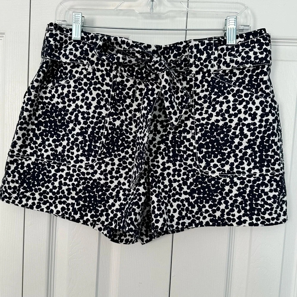 Ann Taylor‎ Loft Shorts Dark Navy Blue White Print Tie Belt Flat Front Sz 8
